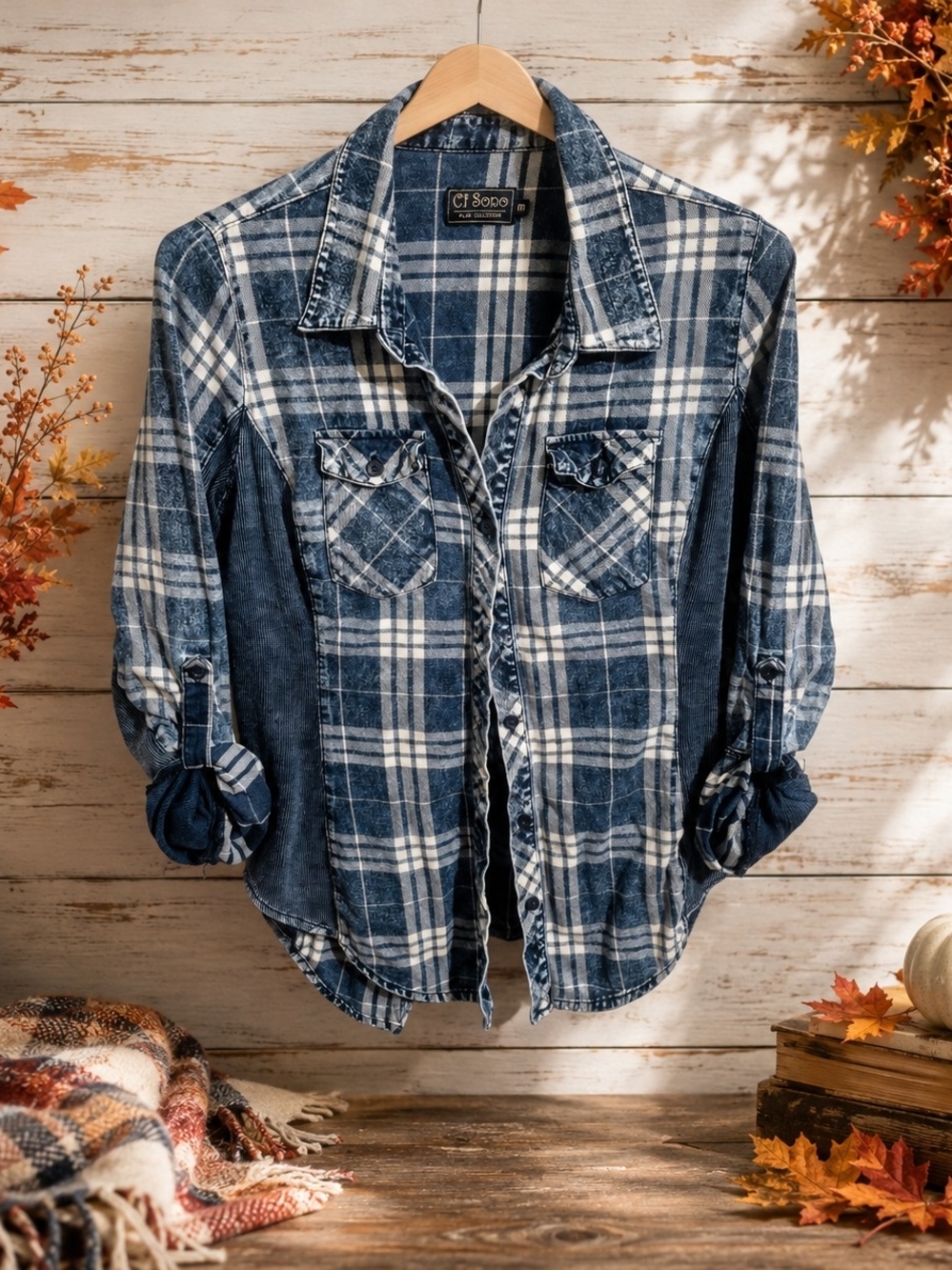 Ci Sono Y2K Plaid Corduroy Panel Button Down Shirt Blue White M